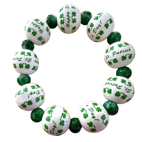 Happy St Patricks Day Shamrock Wood Beaded Stretch Bracelet Marbled Acce… - Picture 9 of 12